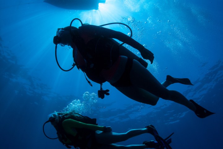 a person flying through the air while swimming in a body of water