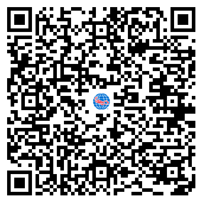 Black and white QR code with a small globe icon in the center.